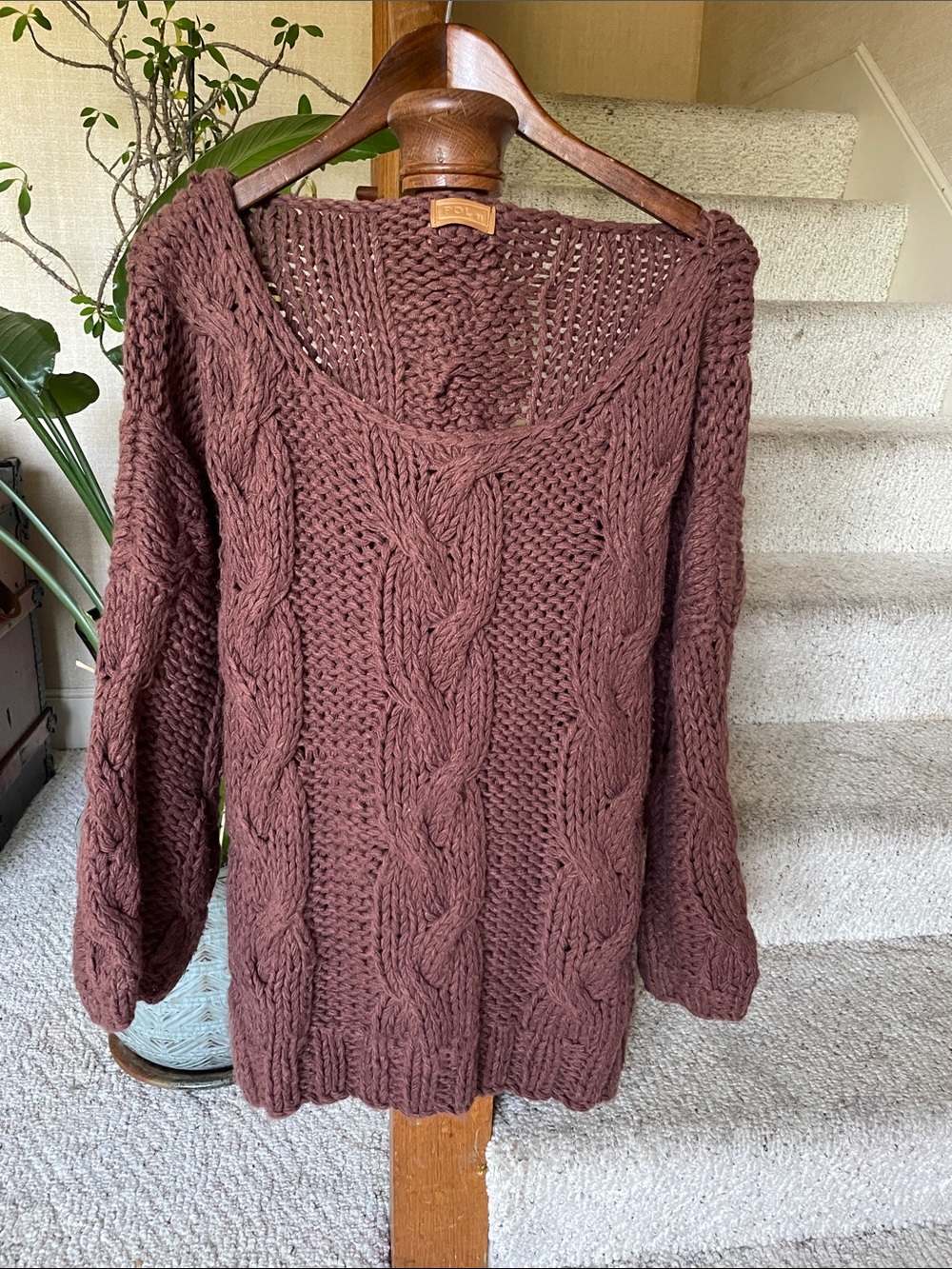POL Chunky Oversized Slouchy Cable Knit Sweater in Chocolate Brown